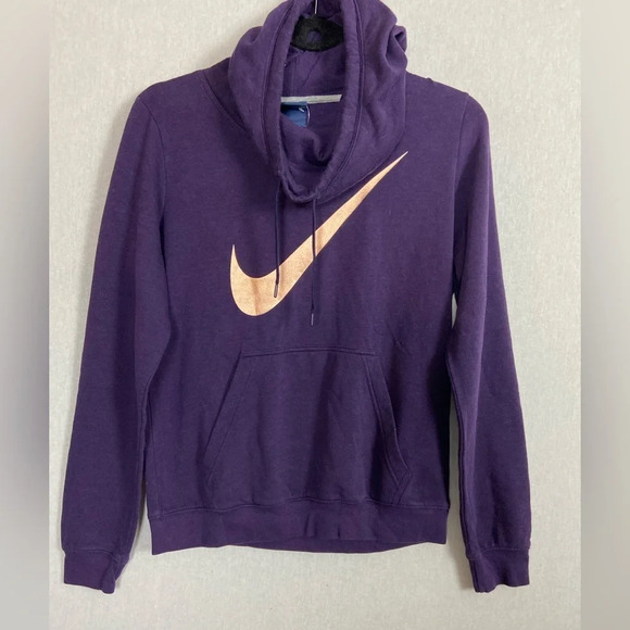 Nike Sportswear Club Fleece Funnel Neck Hoodie Purple Gold Swoosh Sz M - Picture 1 of 9